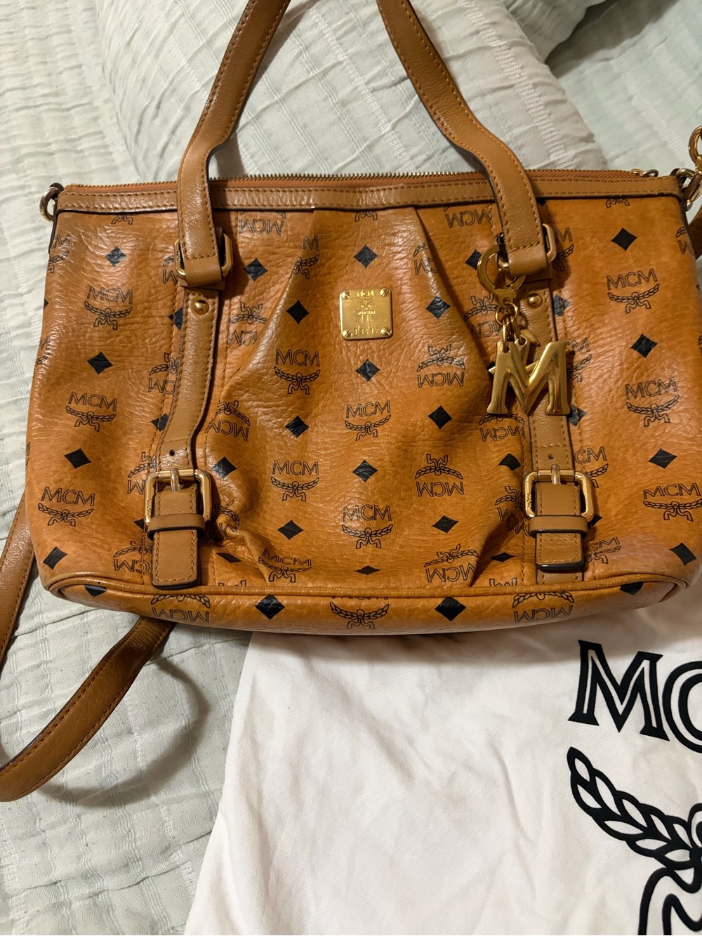 MCM Cognac Visetos Logo two way Tote with Gold Charm!!!